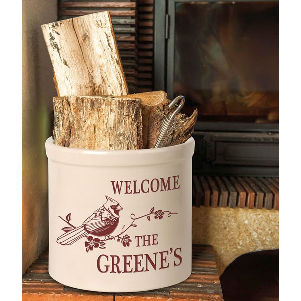 Perched Cardinal Welcome Stoneware Crock